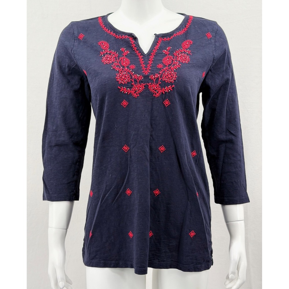 Talbots Top Women Small Navy Tunic Embroidered Boho Summer Nautical 100% Cotton